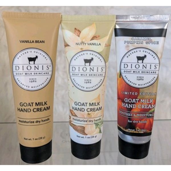 DIONIS Goat milk hand cream Lot of 3- Vanilla bean, Nutty vanilla, Pumpkin Spice