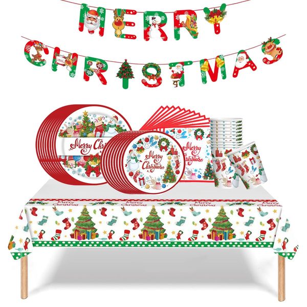 52 PCS Christmas Party Tableware Set,10 GuestsChristmas Disposable Plates Napkins Cups Tablecloth and Merry Christmas Banner,Xmax Dinnerware Xmas Party Table Decorations for Christmas Party Supplie