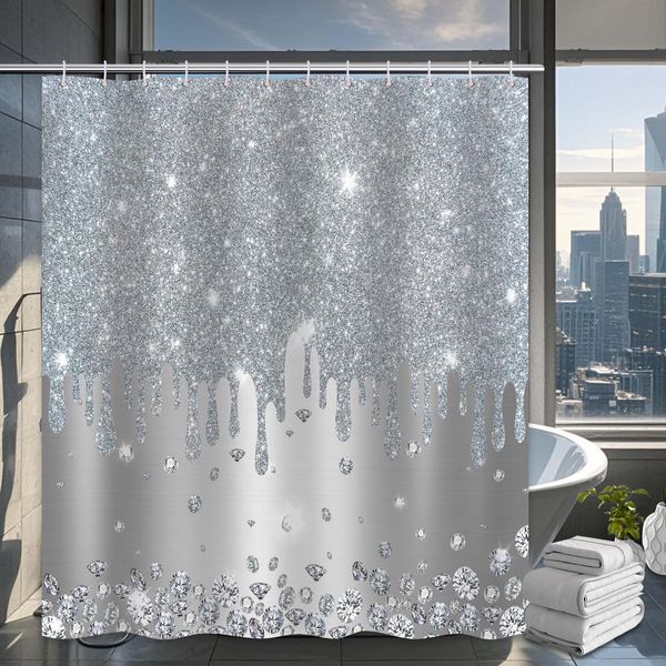 Yieldeer Silver Shower Curtain Sparkle Shimmer Sparkly Bling Bathroom Decor Shiny Bath Curtain, (No Glitter), Waterproof Cloth Fabric with Hooks, 72x72 inch