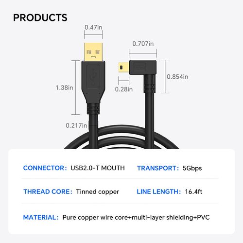 YAMCOWL 16ft Mini-B 5-Pin Data Transfer Cable for Fast Transfer and Real-time Preview, Suitable for Sony, Canon, Nikon, Fuji, and Other Cameras and Electronic Devices with mini USB Interface