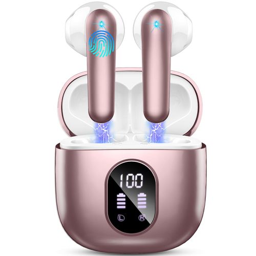 Wireless Earbuds, Bluetooth 5.4 Headphones 50H Playback Bass Stereo Ear Buds with 4 ENC Cancelling Mics, in-Ear Earphones with LED Display, IP7 Waterproof USB-C for Laptop Pad Phones Workout Rose Gold