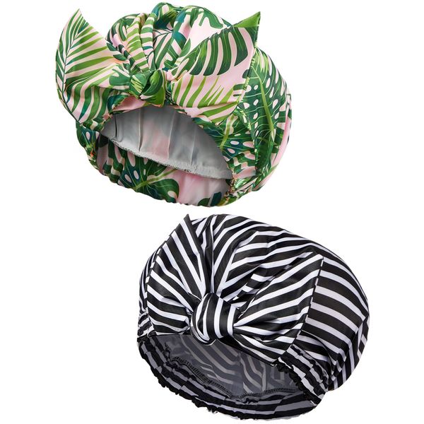 2 Pieces Shower Caps for Women, Waterproof Reusable Shower Hair Caps Elastic Hem Turban Shower Bath Caps for Long, Short and Curly Hair for Women Girls (Palm Leaf and Stripe)