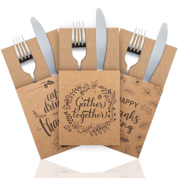 Zhehao 60 Pcs Thanksgiving Cutlery Holder Set Thanksgiving Turkey Utensil Holder Party Utensil Holder Pockets for Autumn Fall Harvest Party Favor Supply Table Decor