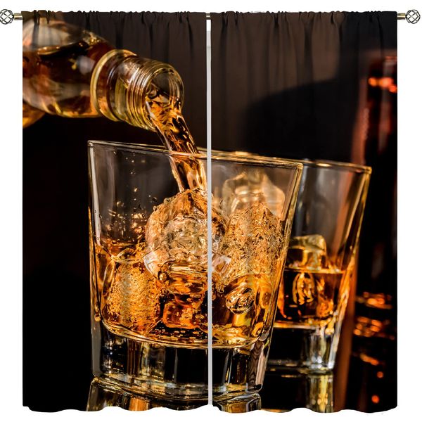 ESPROUTTY Wine Kitchen Curtains, Whiskey Glasses, Theme Kitchen Decor Wine Bottles Beautiful Room Décor & Easy Set Up (Two Pieces) 42x45in