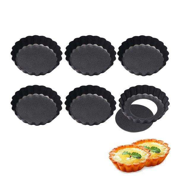 ZEACCT 6 Pcs Non-Stick Quiche Tart Pans, Round Fluted Tart Tins Quiche Tins Quiche Pan,Tart Quiche Pan Removable Bottom Mini Quiche Dishes Loose Bottom Pie Pan Carbon Steel (10cm*2cm)