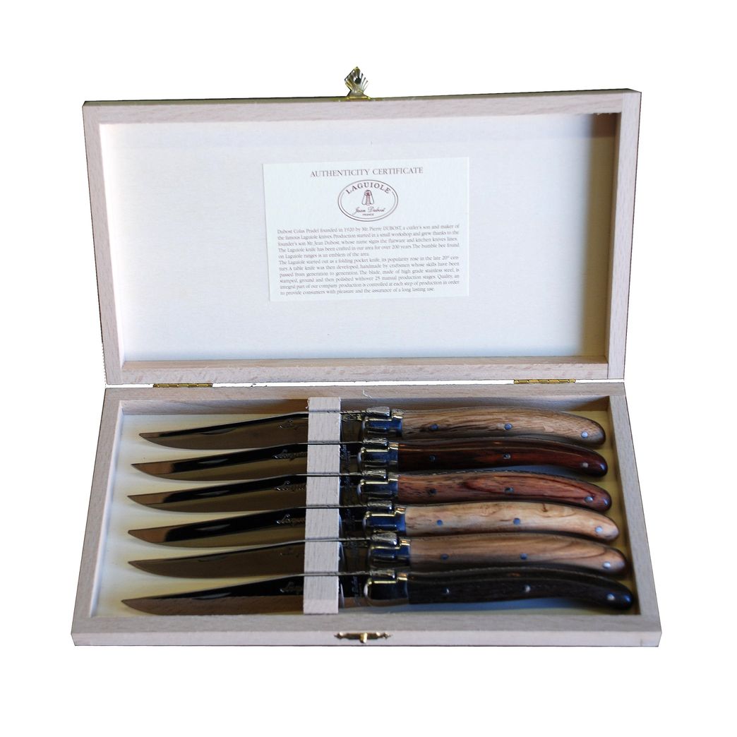 Set of 6 Authentic French Jean Dubost Laguiole Steak Knives Black Color  Authenticity Certificate, Brand New 