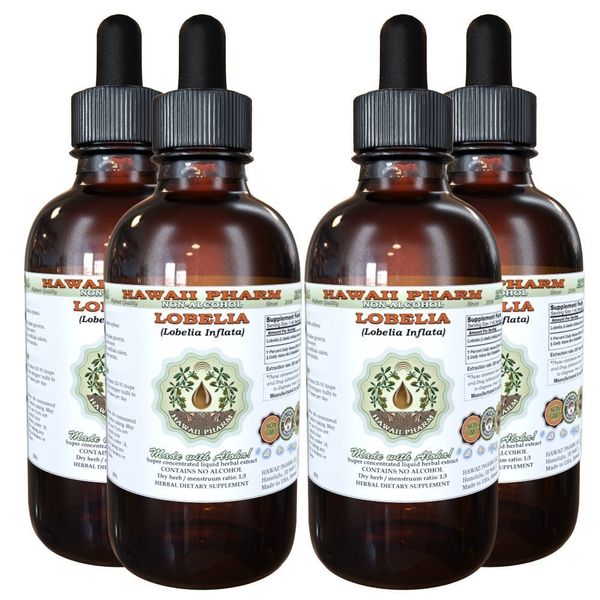 Hawaii Pharm Lobelia Alcohol-Free Liquid Extract, Organic Lobelia (Lobelia Inflata) Dried Herb Glycerite Natural Herbal Supplement 4x4 oz