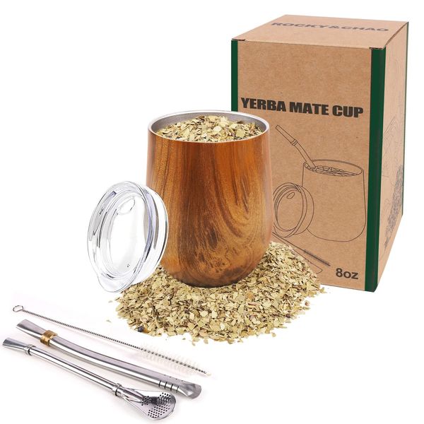 8 Oz Yerba Mate Cup, Tea Cup Set Include Stainless Steel Modern Mate Cup, 2 Bombilla Mate Straws, Cleaning Brush and BPA Free Lid, Double-Walled and Hot & Cold Drink, for Mate Tea, Coffe, Drinks