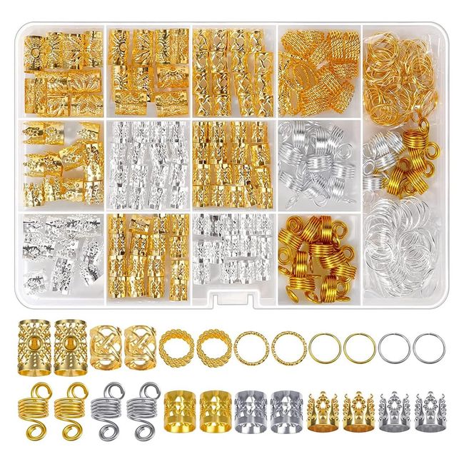 JOCXZI Spangen,Perückenzubehör, Haarschmuck, geflochtene Haarverlängerungen, Ring-Set für Haare flechten, verstellbare Perlen, geflochtene Accessoires, Gold (262 Stück)