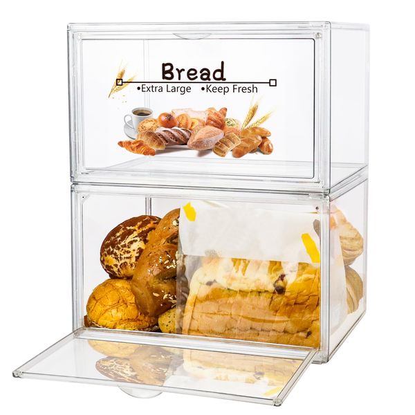 RISICULIS 2PCS Large Bread Box for Countertop, Stackable Double Layer Storage Container, Clear Boxes for Kitchen Counter, Bread Keeper for Homemade Bread, Bagel, Muffins, Rolls