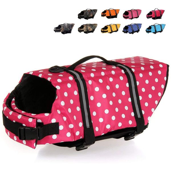 HAOCOO Dog Life Jacket Vest Saver Safety Swimsuit Preserver with Reflective Stripes/Adjustable Belt Dogs(Pink Polka Dot,L)