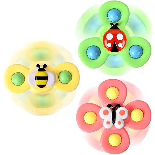 ERMON Suction Cup Spinner Toys, Pack of 3 Spinners for Babies, Baby Spinner Toys with Suction Cup, Silicone Simple Dimple, Colourful Suction Spinner Toys, Spinning Tops (Spinners Insects (3 Pcs))