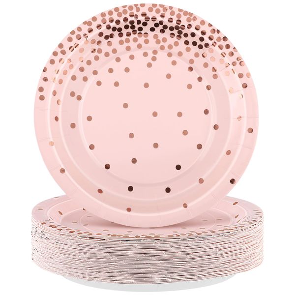 Aneco 60 Pieces 7 Inches Disposable Paper Plates Pink Rose Gold Foil Dot Dessert Plates Round Paper Plates for Wedding Bridal Shower Birthday Party Decorations