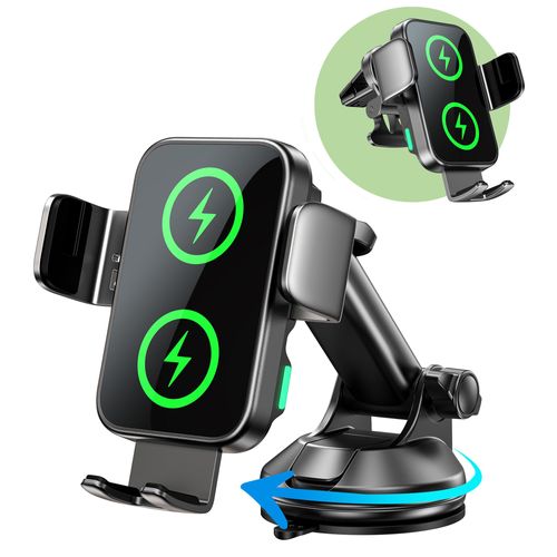 GuMosh Dual Coil 15W Car Phone Holder (Not Easy to Disconnect) Wireless Car Charger -Auto Clamping- Charging Phone Holders for Your Car Dash Vent Windshield, for Flip S24/S23/S22/S21, iPhone Series
