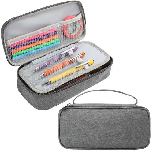 Pencil Case, Grey Pencil Pouch with Zipper, Large Pencil Bags, Soft Aesthetic Pencil Bag Case for Boys with Handle, Preppy Canvas Pencil Pouch Organizer Home Office School Supplies for Teen Adult Boys