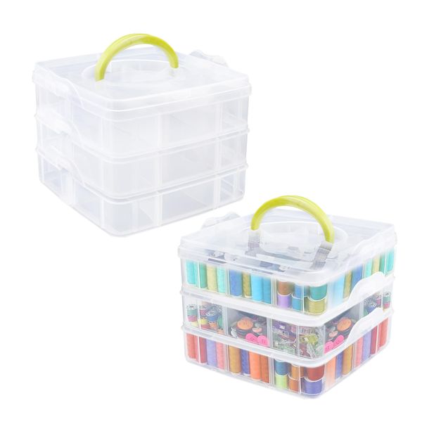 YKUKIZEE 2 Pack Embroidery Floss Storage Box 3 Tier, Clear Embroidery Thread Storage Box with Handle, Stacked Cross Stitch Thread Organiser Box with Compartments for DIY Arts Crafts