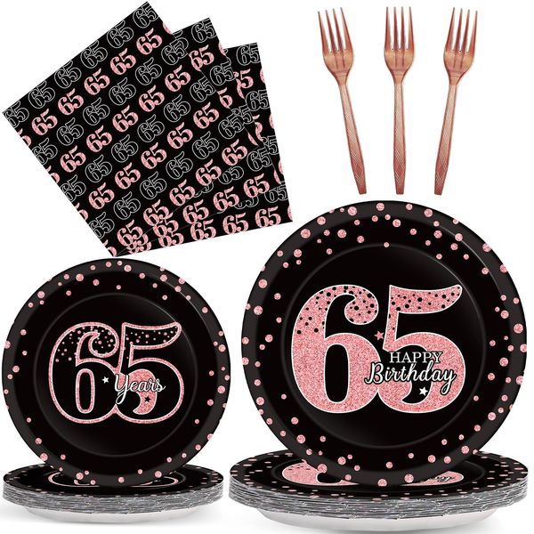 96 Pcs 65th Birthday Party Supplies Happy 65th Birthday Rose Gold and Black Tableware Set 65th Plates and Napkins for Women Men Party Decorations 65th Birthday Cake Plates Party Favor for 24 Guests