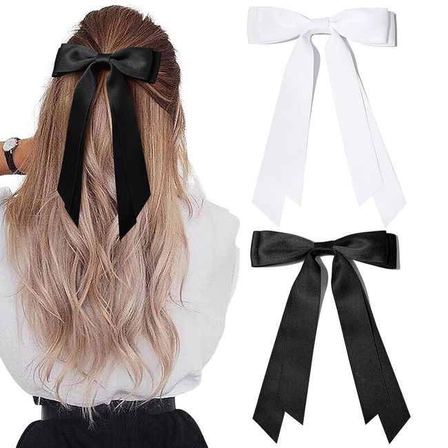 2PCS Silky Satin Hair Bows Hair Clip Black Hair Ribbon Ponytail Holder Accessories Slides Metal Clips Hair Bow for Women Girls Toddlers Teens Kids