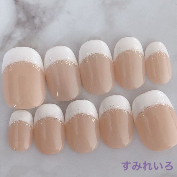 Nail Tips False Nails Design Bridal Cute Short Long Simple Coming of Age Ceremony Present Mother Short Nails Adults Office Small Nails Large Nails Very Short Chibi Nails Wedding Wedding False Nails ●Beige x Milk White Lamé Bridal