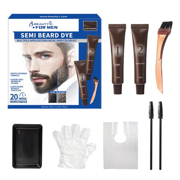 Mustache & Beard, Beard Coloring Kit Beard Dye for Men with Brush, Easy Application Dark Brown Mens Hair Dye