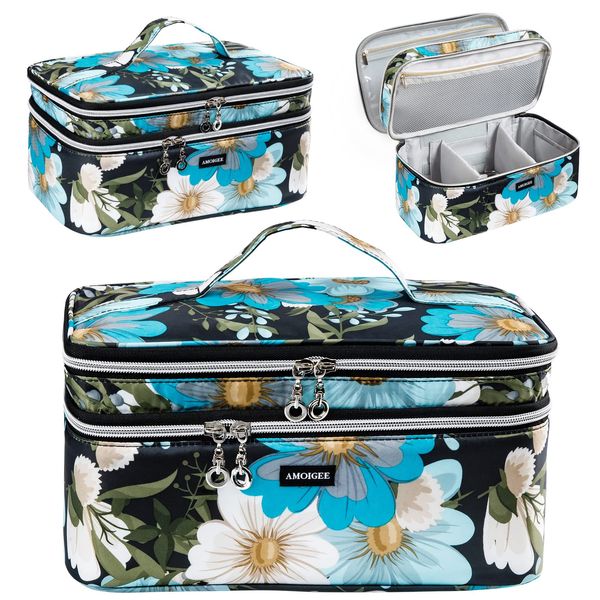 AMOIGEE Double Layer Makeup Train Case - Travel Bag Organizer for Makeup Brushes, Bottles, Palettes, Sponges and Cosmetics