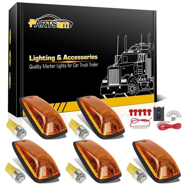 Partsam 5X 264159AM 5-5050-SMD T10 194 Amber LED Cab Marker Roof Running Lights + Wiring Pack Compatible with C1500 C2500 C3500 K1500 K2500 K3500 1988-2002 Pickup Trucks