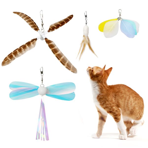 uahpet Cat Wand Toy Refills Natural Feathers Replacement Teasers, 4Pcs Different Senses Replacement Teasers Arouse Cat Desire to Hunt