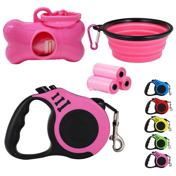 Retractable Dog Leash,Heavy Duty Dog Leash Retractable,Dog Walking Leash for Small Dog or Cat up to 26 lbs,360° Tangle-Free Strong Nylon Tape,Anti-Slip Handle,with Waste Bag Dispenser(10FT Pink)