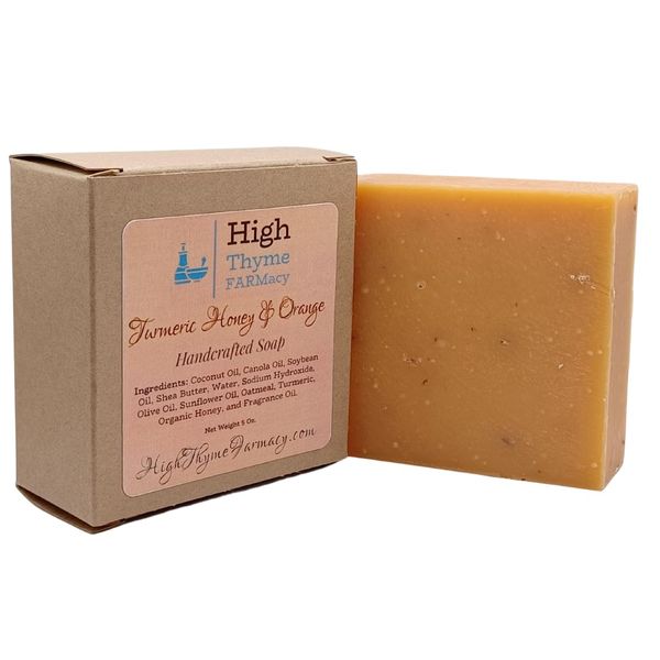 High Thyme FARMacy Turmeric, Honey & Orange Soap - Turmeric Soap Bar w/Organic Honey & Rolled Oats - Turmeric Honey Soap Bar - Oatmeal Soap Bar - Handmade Soap - Natural Soap