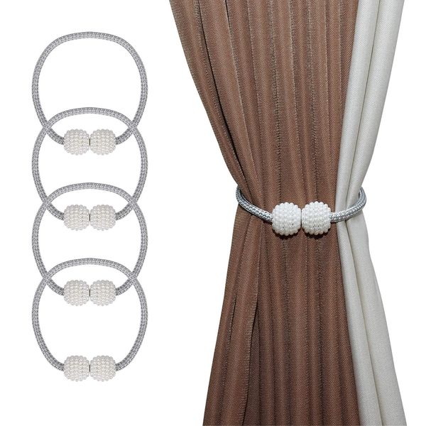 ISIYINER Magnetic Curtain Tiebacks Small Pearl Ball Curtain Holder Buckle Clips Rope Holdbacks Pretty and Fashion Decorative Curtain Tiebacks for Home, Office, Hotel Window, 4 Pieces (Gray)