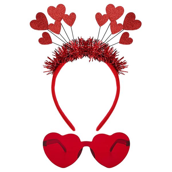 2 Pcs Valentines Day Heart Headband Sunglasses Love Head Boppers Hair Hoops Red Headpiece Hairband Hair Bands Women Cosplay Dress Up Christmas Halloween Wedding Holiday Birthday Party Accessories