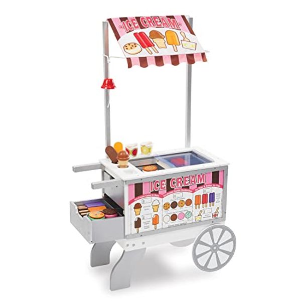 Melissa & Doug Wooden Snacks and Sweets Food Cart - 40+ Play Food pcs, Reversible Awning , Multi Colored