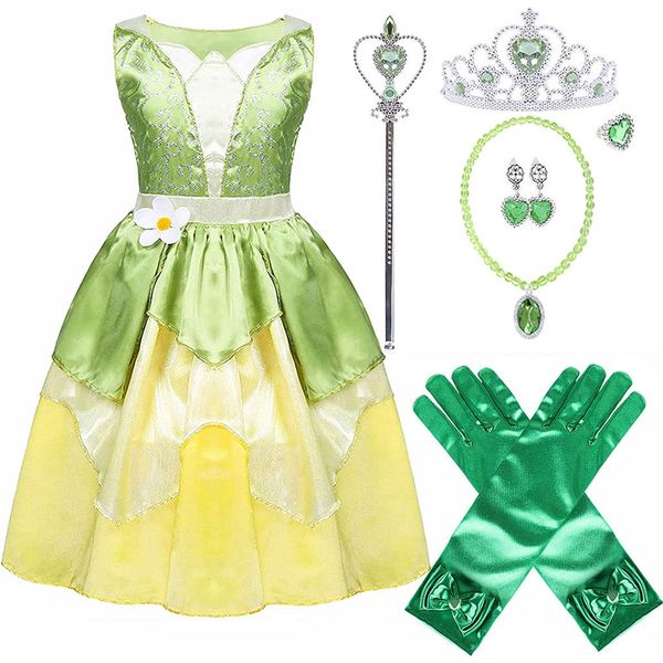 Princess Tiana Dress for Girls Green Fairy Frog Birthday Party Fancy Dresses Halloween Elf Costume Outfits with Accessories (2-3T)