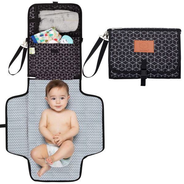 Portable Diaper Changing Pad - Waterproof Travel Changing Mat for Baby, Foldable Baby Diaper Clutch, Detachable Baby Travel Diaper Mat for Diaper Changing Station, Diaper Change Mat (Black Geo)