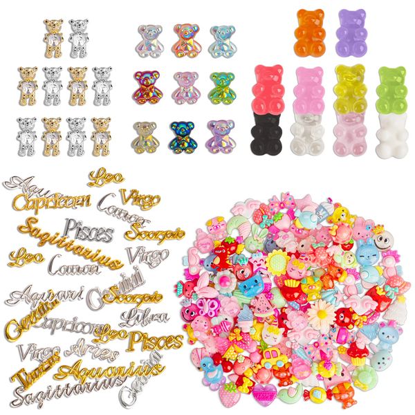 LYroo 250 PCS 3D Nail Charms Twelve Constellation Bear Kawaii Resin Charms for Acrylic Nails