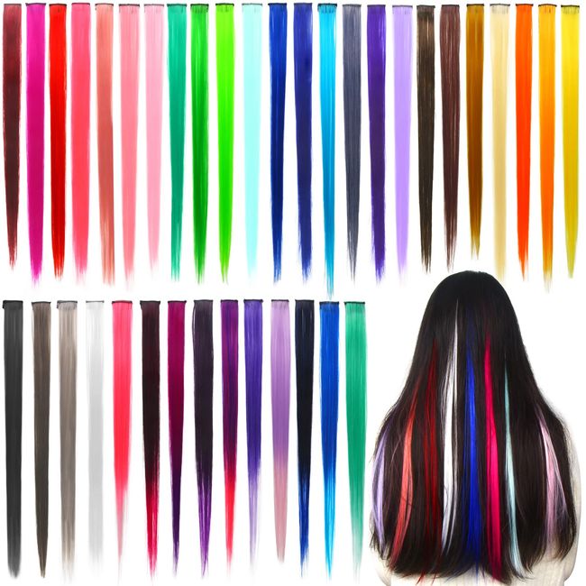 CINECE Hair Extensions Colors, 38 Colors, Set of 6, Solid Color, Synthetic Hair, 21.7 inches (55 cm), Wig, Inner Wig, One Touch, Straight, Long Hair Extension, Heat Resistant, Neckline (Gold)