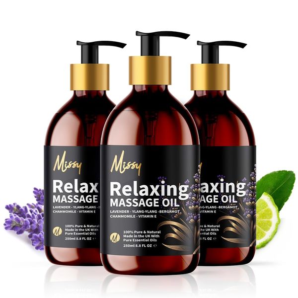 Relaxing Massage Oil by Missy - Luxurious Soothing Blend Massage Oil for Date Night with Lavender, Chamomile, Ylang Ylang & Bergamot, Enriched with Vitamin E, Lightweight Grapeseed Oil Base