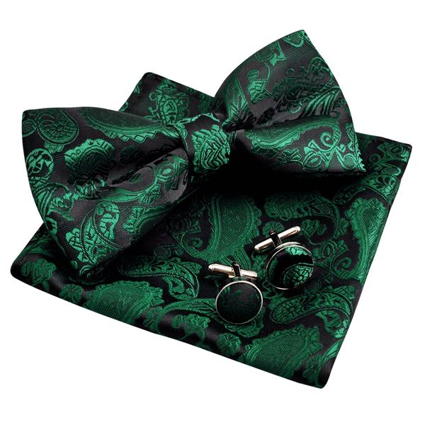 Alizeal Mens Paisley Bow Tie, Pocket Square, Cufflinks Set (Dark Green)