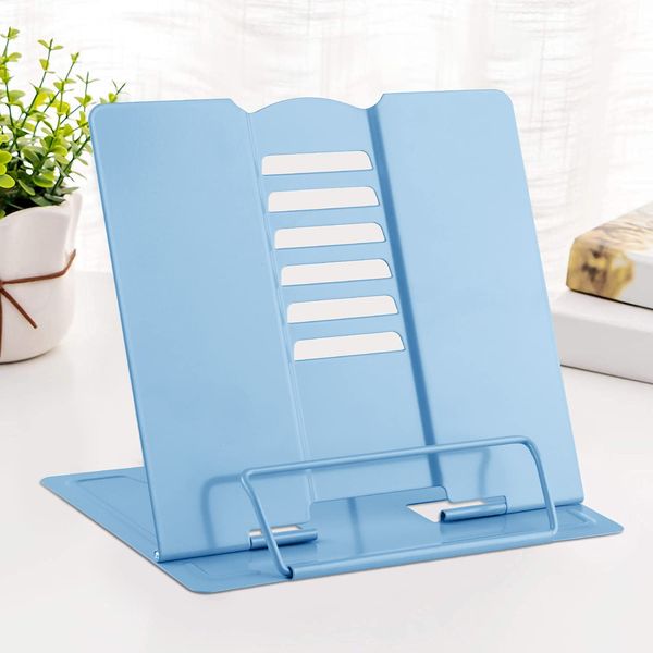 Metal Book Stand Reading Book Holder Lightweight Cook Book Stands Portable Textbook Holders Adjustable Recipe Document Stand Tablet Music Book Stands&Holders(Light Blue)