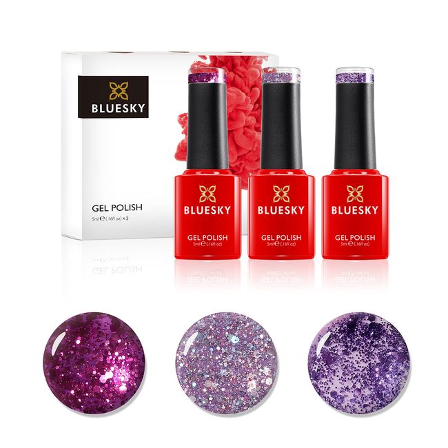 Bluesky Gel Nail Polish Set, Purple Confetti, Purple Dream Blz48, Purple Diamond Dc004, Secret Santa 63901, Glitter 3 x 5 ml, (Requires Curing Under UV or LED Lamp)