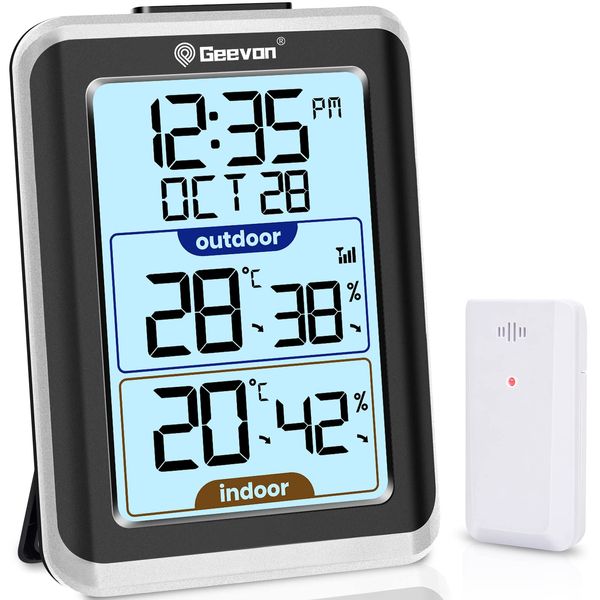 Geevon Indoor Outdoor Thermometer Wireless Digital Hygrometer Temperature Gauge with Time, 200ft/60m Range Temperature Humidity Sensor