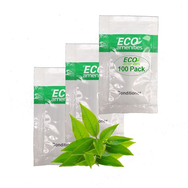 Eco Amenities Travel Size Hair Conditioner for Women & Men - Hotel Supplies for Guests - Refreshing Bulk Travel Size AirBnB Toiletries - 0.35fl oz (10ml), 100 pack, Green Tea Scent - Easy Tear Sachets