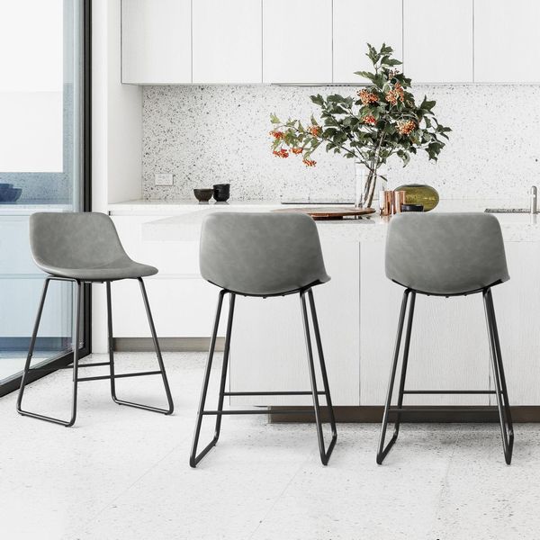 LUE BONA Bar Stools Set of 3, 24" ALX Faux Leather Barstools, Modern Counter Height Stools with Back and Metal Legs, Armless Counter Chairs for Kitchen Island, Grey