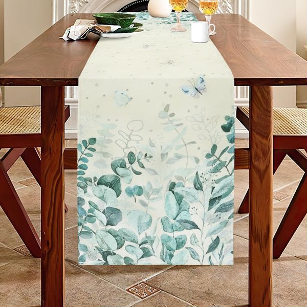 AUAUY Butterfly Eucalyptus Leaves Table Runner, Seasonal Spring Summer Anniversary Holiday Table Decoration for Indoor Outdoor Home Party, Green Plants Printing Table Decor for Kitchen Dining 40x140cm