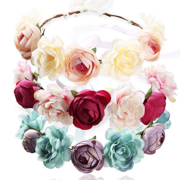 MOAMUN 3PCS Handmade Flower Headband Floral Crown, Bridal Hair Wreath Wedding Halo Floral Garland Headbands Headpiece With Ribbon For Wedding Party Photo Props