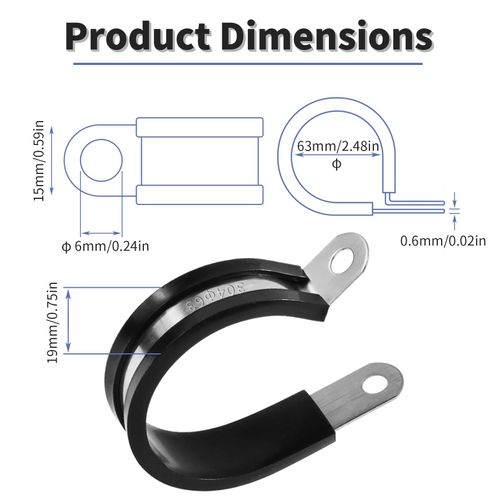 FOCMKEAS 8 Pcs Cushioned Insulated Metal Clamps 63 mm丨2-1/2 Stainless Steel R-type Cable Clamps for Pipe, Line, air hose holder, Hoses Bracket, Tube Holder 6mm Rubber Tube Clip