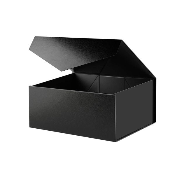 BLK&WH Gift Box 9x6.5x3.8 Inches, Black Gift Box, Groomsman Box, Collapsible Box with Magnetic Closure Lid for Gift Packaging (Glossy Black with Grass Texture)