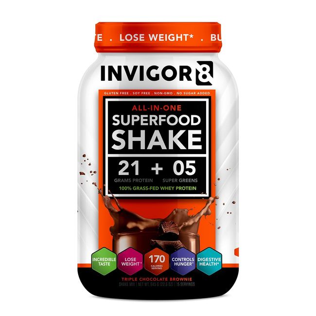 INVIGOR8 Superfood Shake (Chocolate Brownie) with Immunity Boosters - Gluten-Free and Non GMO Meal Replacement Grass-Fed Whey Protein Shake with Probiotics and Omega 3 (645g)