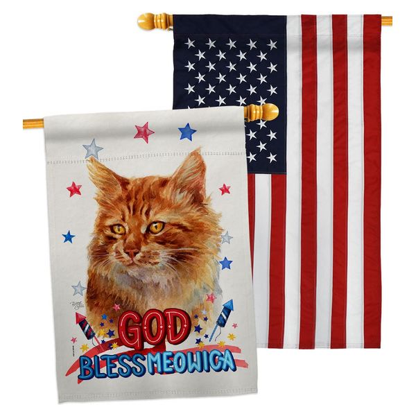 Breeze Decor Patriotic Ginger House Flag Pack Cat Kitten Meow Spoiled Paw Fur Pet Nature Farm Animal Creature Embroidery Decoration Banner Small Garden Yard Gift Double-Sided, Made in USA