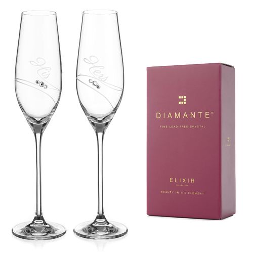 DIAMANTE Swarovski Crystal Champagne Flutes Prosecco Glasses - His & Hers - Set of 2 (Champagne Flutes 210ml)